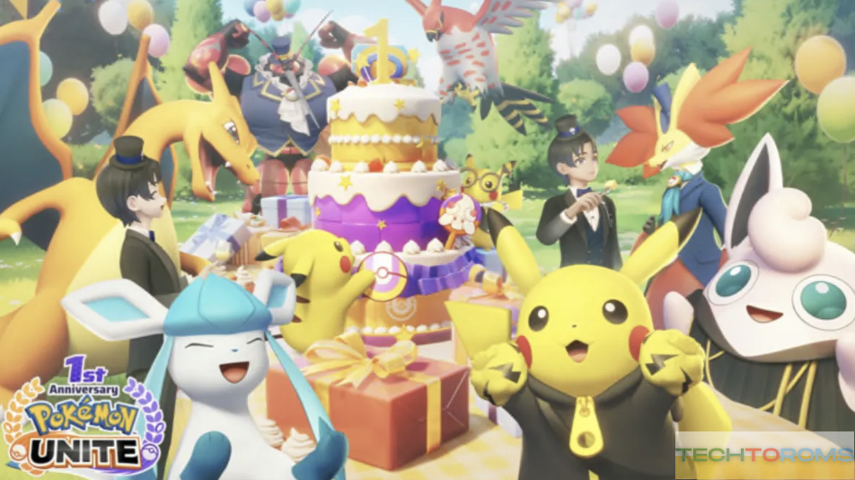 Pokemon characters celebrating around a cake