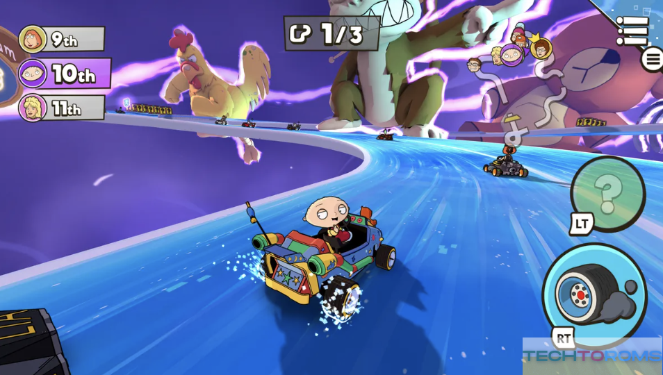 Stewie from Family Guy racing on a blue track with iconic show characters in the background