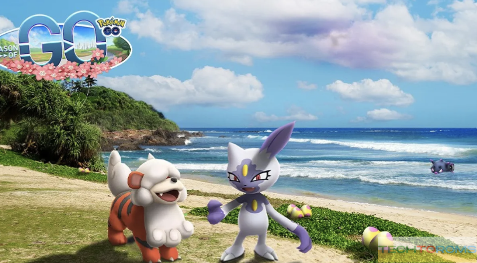Hisuian Growlithe and Sneasel on a shore