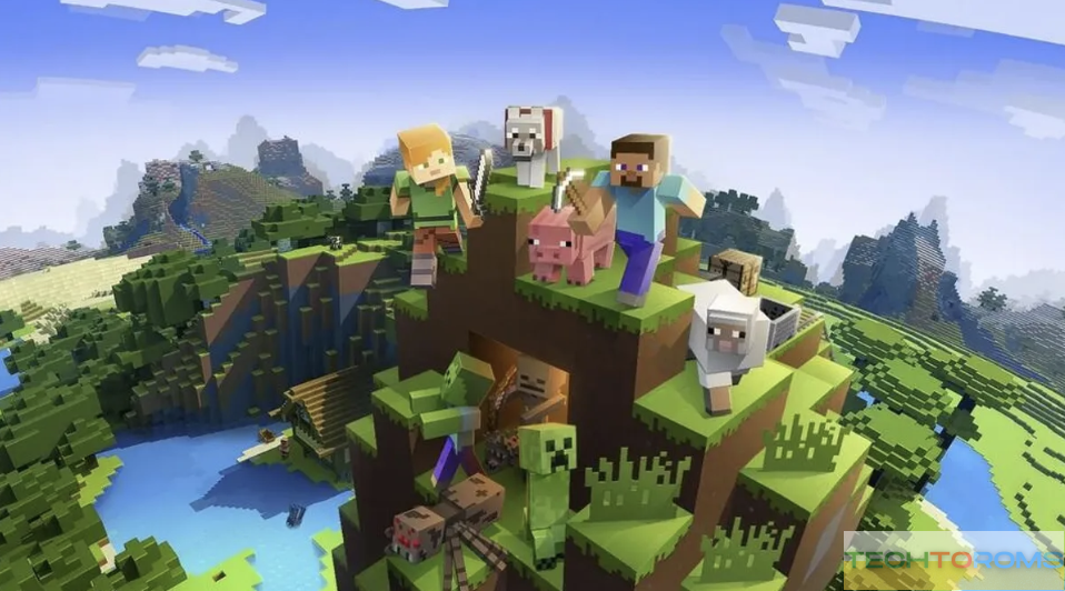 minecraft characters and animals on top of a small hill